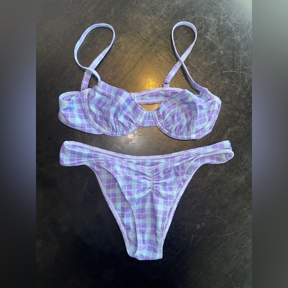 MIAOU blue + purpler plaid bikini set.